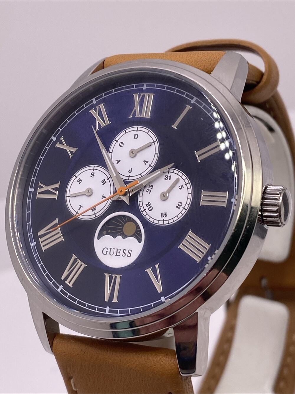 Guess Mens Moonphase Brown Leather Watch Works New Battery